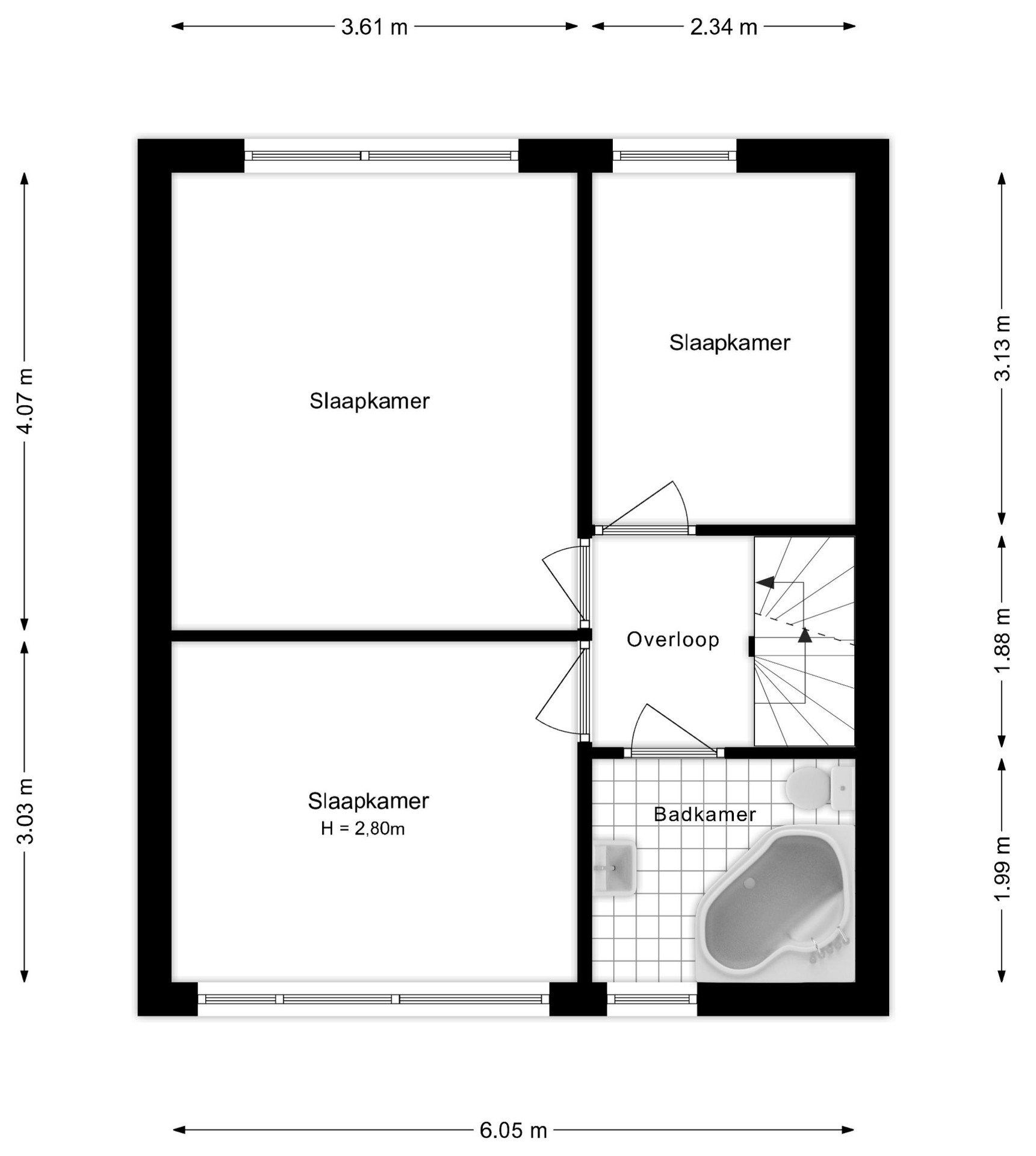 2D black white floor plan professional technical documentation multi-bedroom property dimensional annotations precise measurements survey-quality accuracy